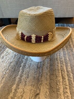 Eric Javits Natural Straw Raffia Sun Hat with Ribbon Band